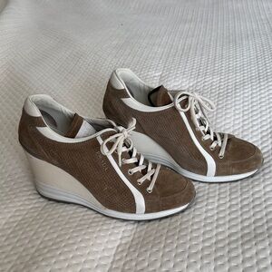 Prada Tan and Cream Wedge Sneakers